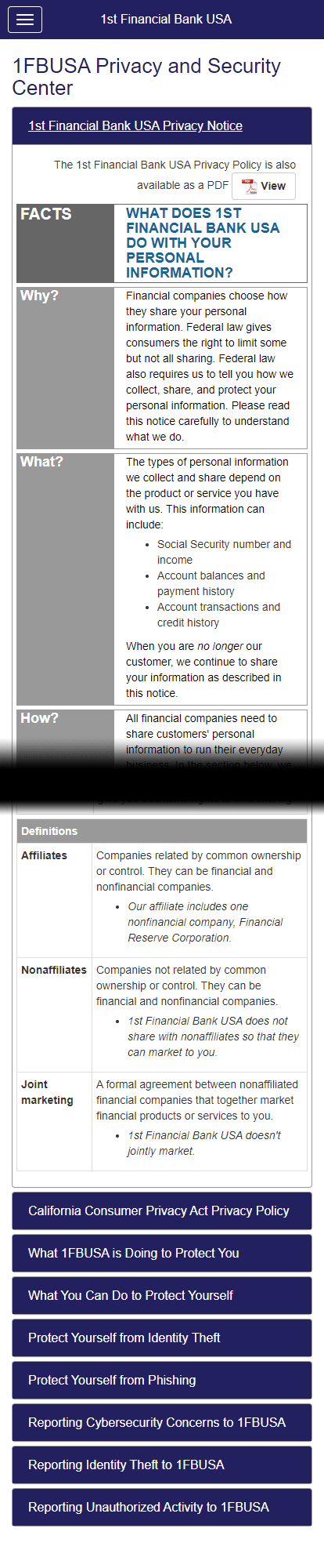 web development - 1fbusa financial services mobile app - privacy notice